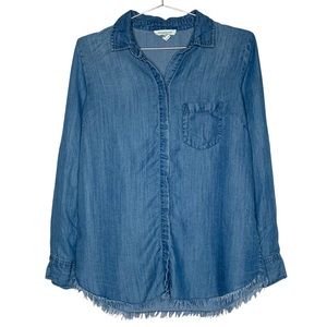 Blue Button Down Blouse Frayed Hem 100% Lyocell | Size Small